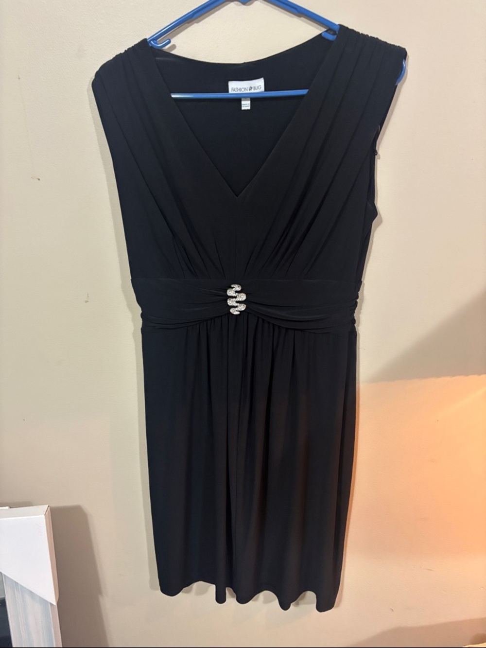 Fashion Bug Black V-Neck Midi Dress with Rhinestone Waist Accent